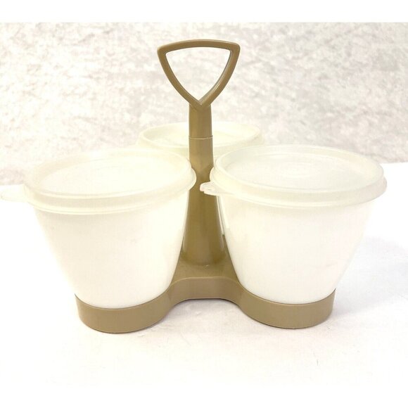 TUPPERWARE Vintage Condiment Relish Tray #757 Almond 3 Containers with Lids #733 - Picture 1 of 7